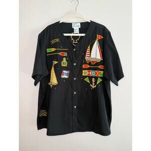 VTG 90s Women Quacker Factory Black Nautical Sailing Short Sleeve Button Plus 2X